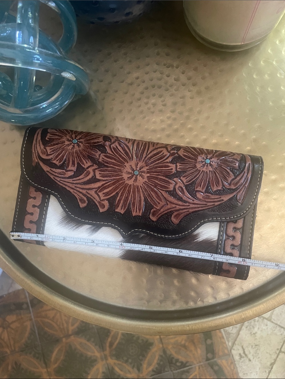 Leather Pony Fur Clutch Wallet Purse Brown Turquoise Accent Beautiful - Picture 14 of 16
